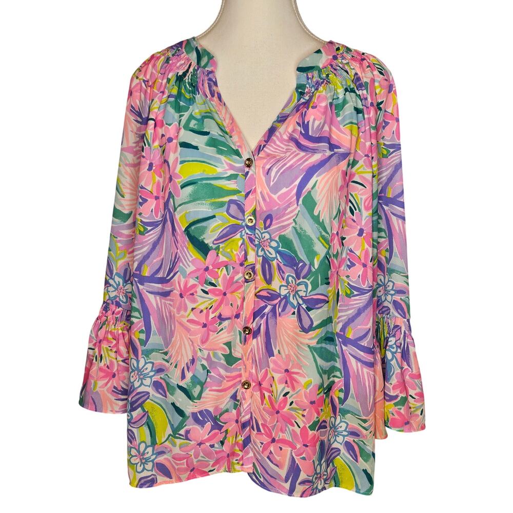 Gorgeous Lilly Pulitzer Blouse Pink Purple Button-up 25" Length 44" Bust -M- E5